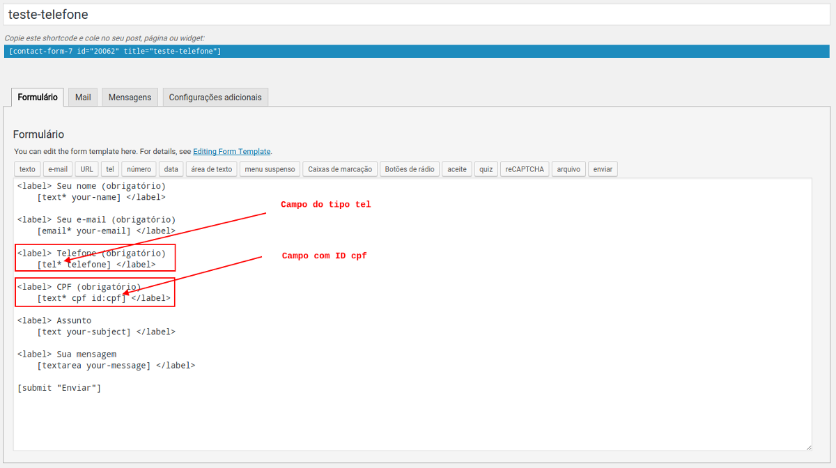 Exemplo de formulário do Contact Form 7